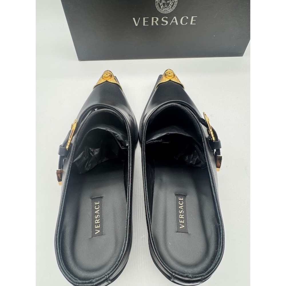 Versace Sabot Leather Western Mule Medusa Gold Toe Black EU 39.5 US 9 NIB - Picture 6 of 14